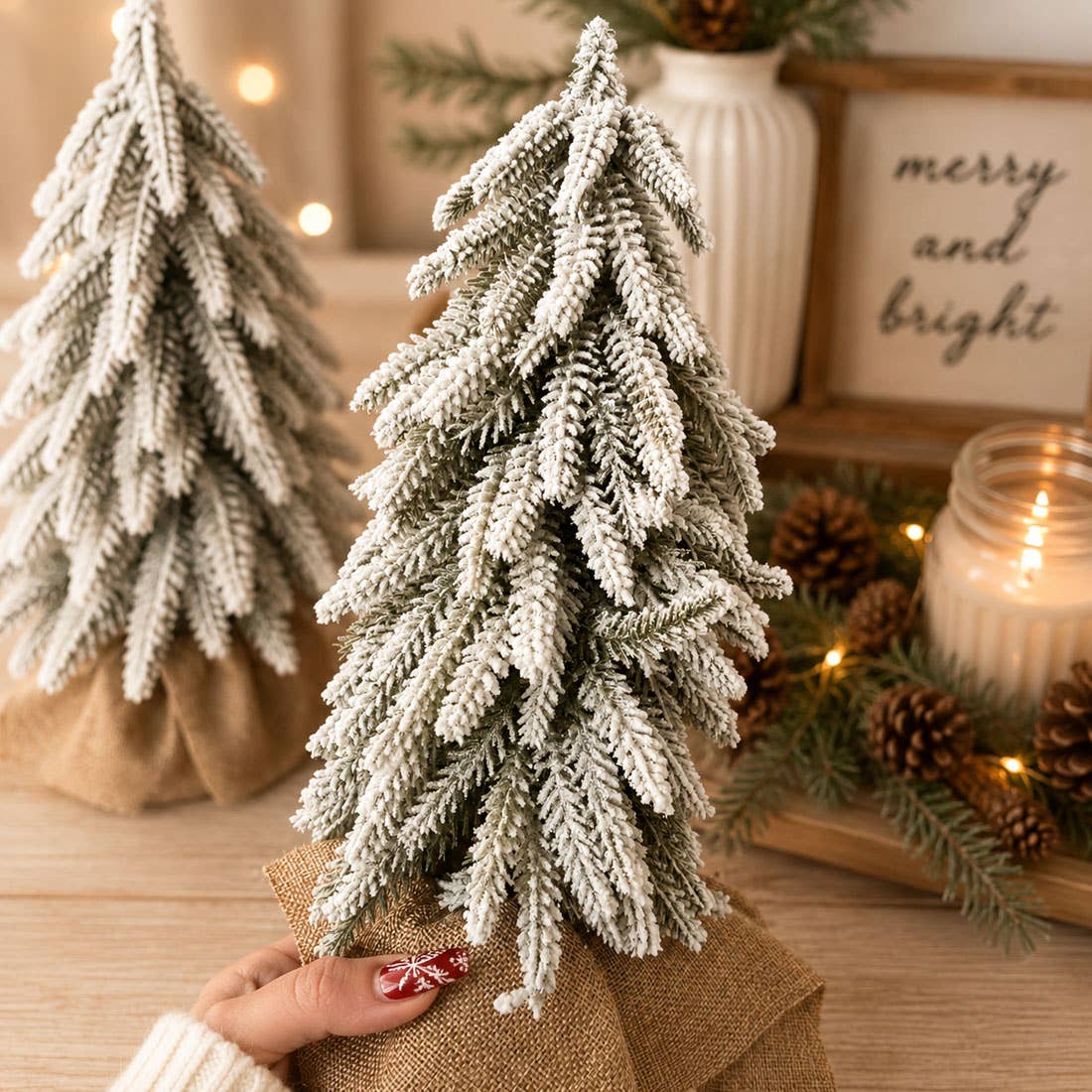 Christmas Trees with Snow, Holiday Mantle & Shelf Home Decor