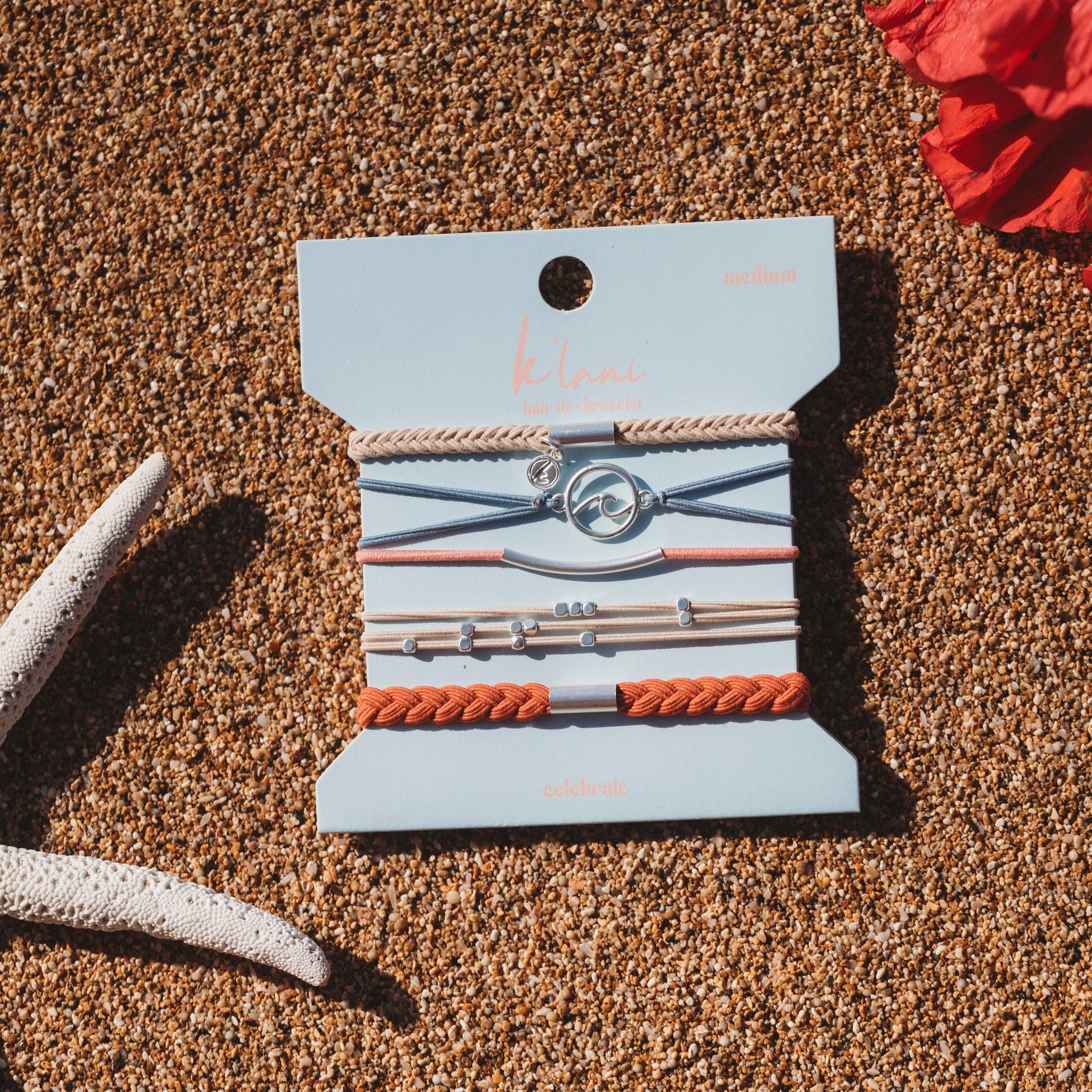 "Celebrate" Blues and Corals With Silver Wave Charm Hair Tie Bracelets