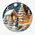 Snowman and Cabin Ceramic Ornament - Handcrafted Christmas Tree Decor with Snowy Scene, Lit Christmas Tree, and Holiday Charm