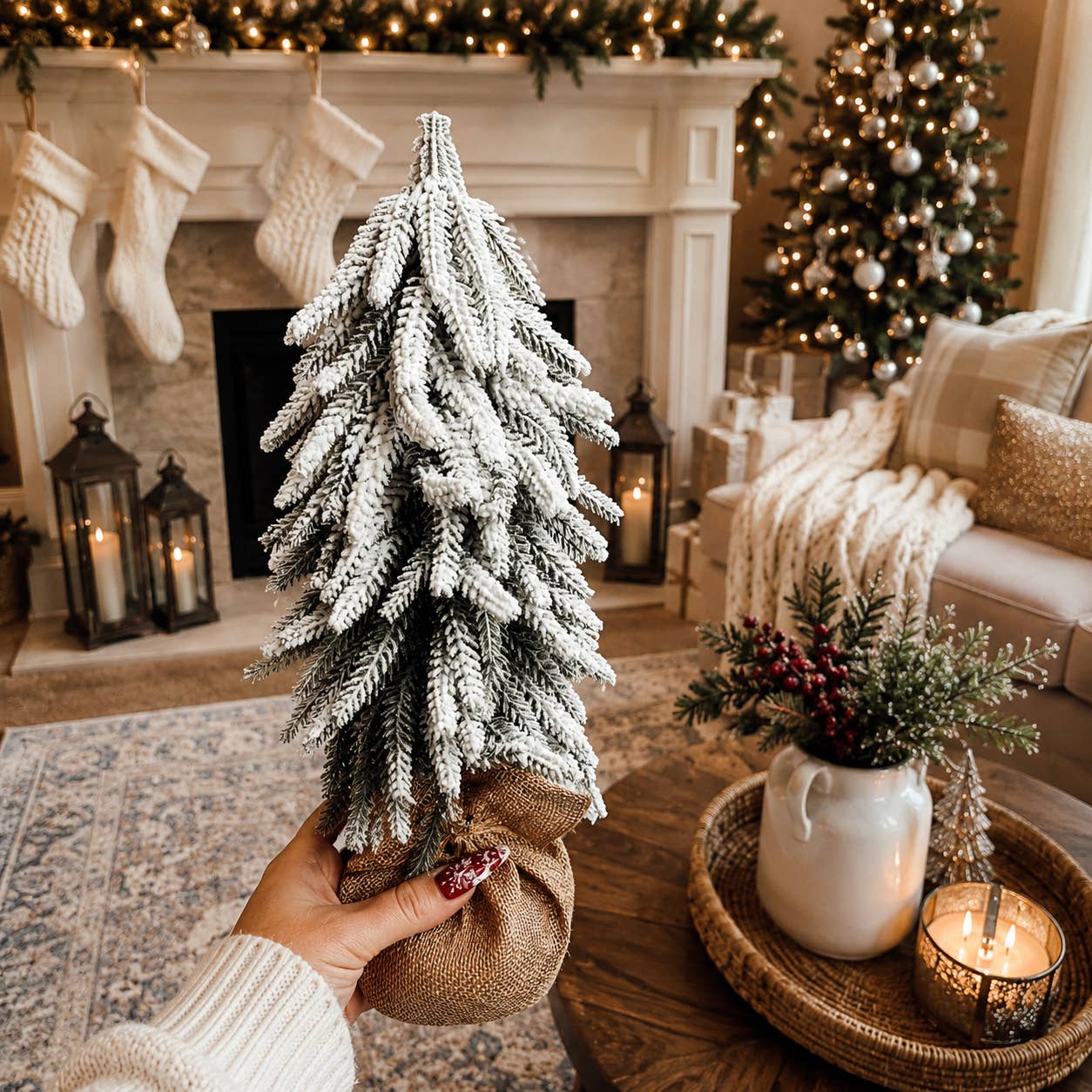 Christmas Trees with Snow, Holiday Mantle & Shelf Home Decor