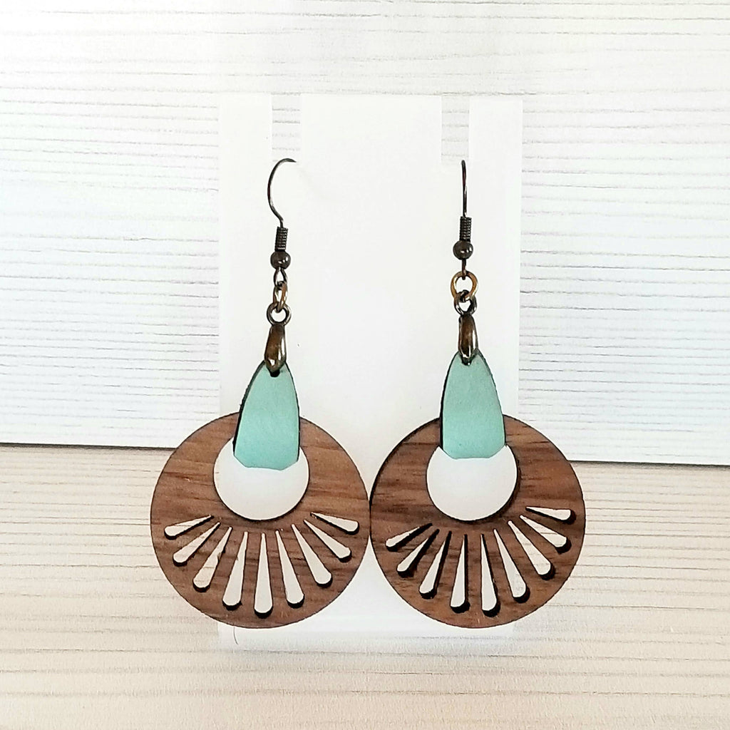 Wood Dangle Earrings - Walnut and Faux Leather Tab