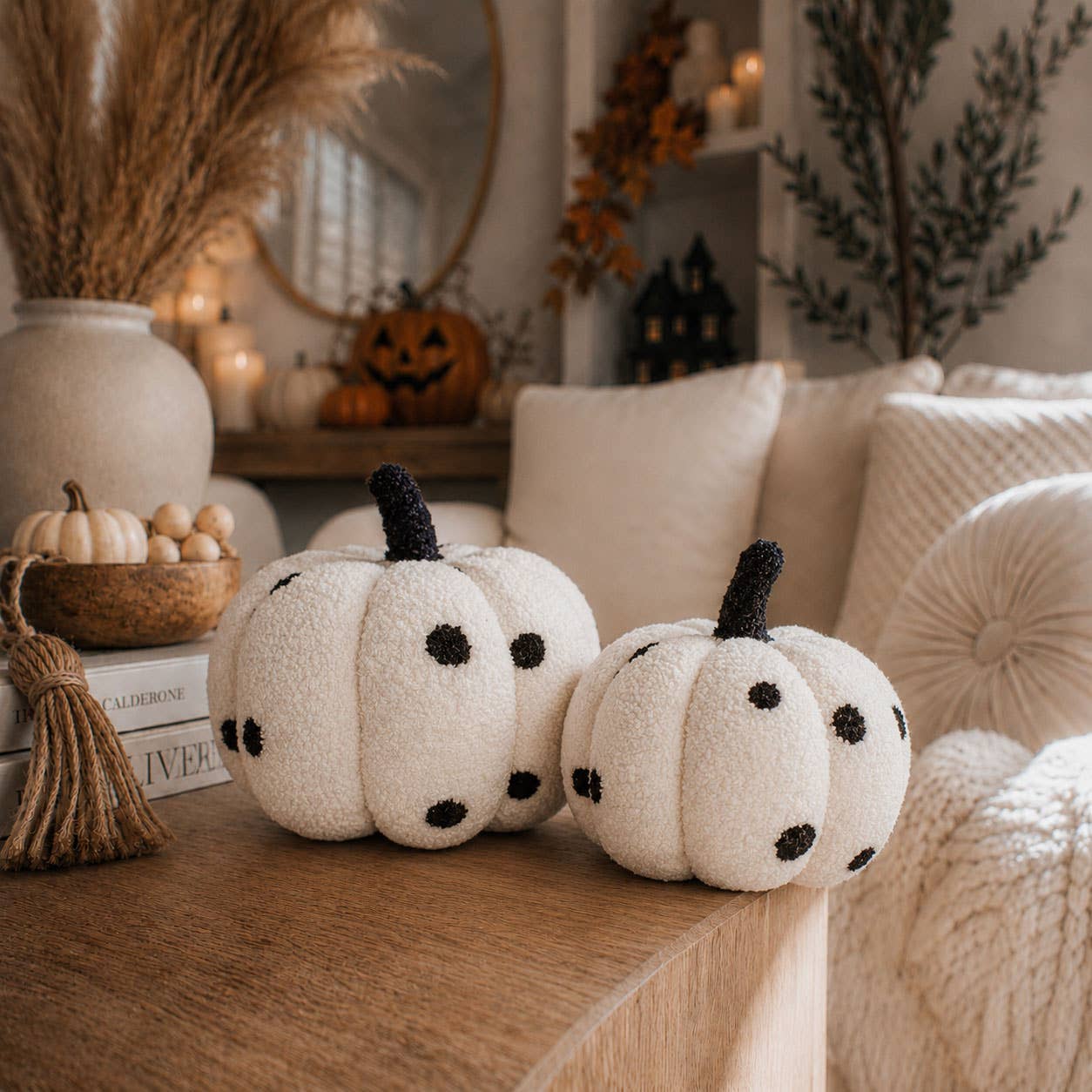 Neutral Fall + Halloween Home Decor, Cute Cotton Pumpkins BW