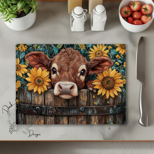 Brown Calf in Barrel - Baby Animal Glass Cutting Board