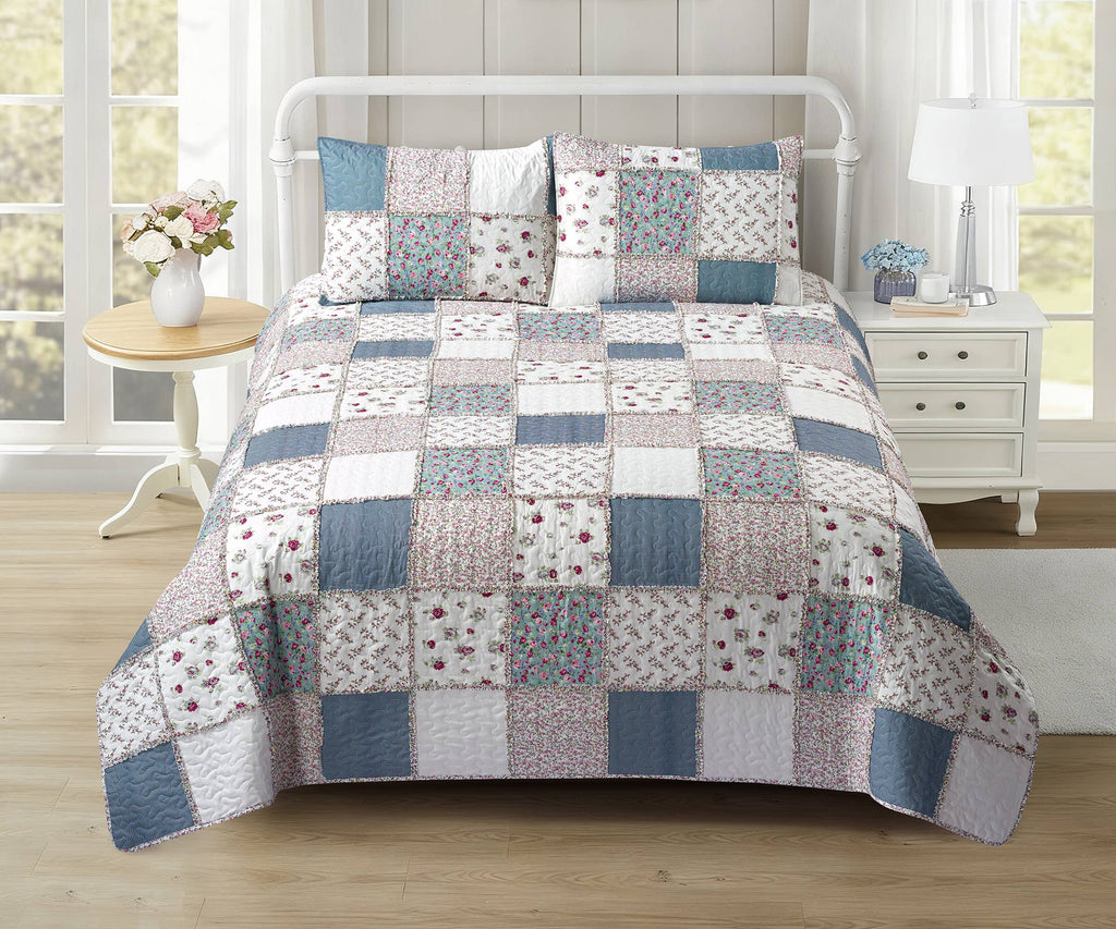 "Blue with Roses Patchwork"  3-Piece Designer Quilt Set