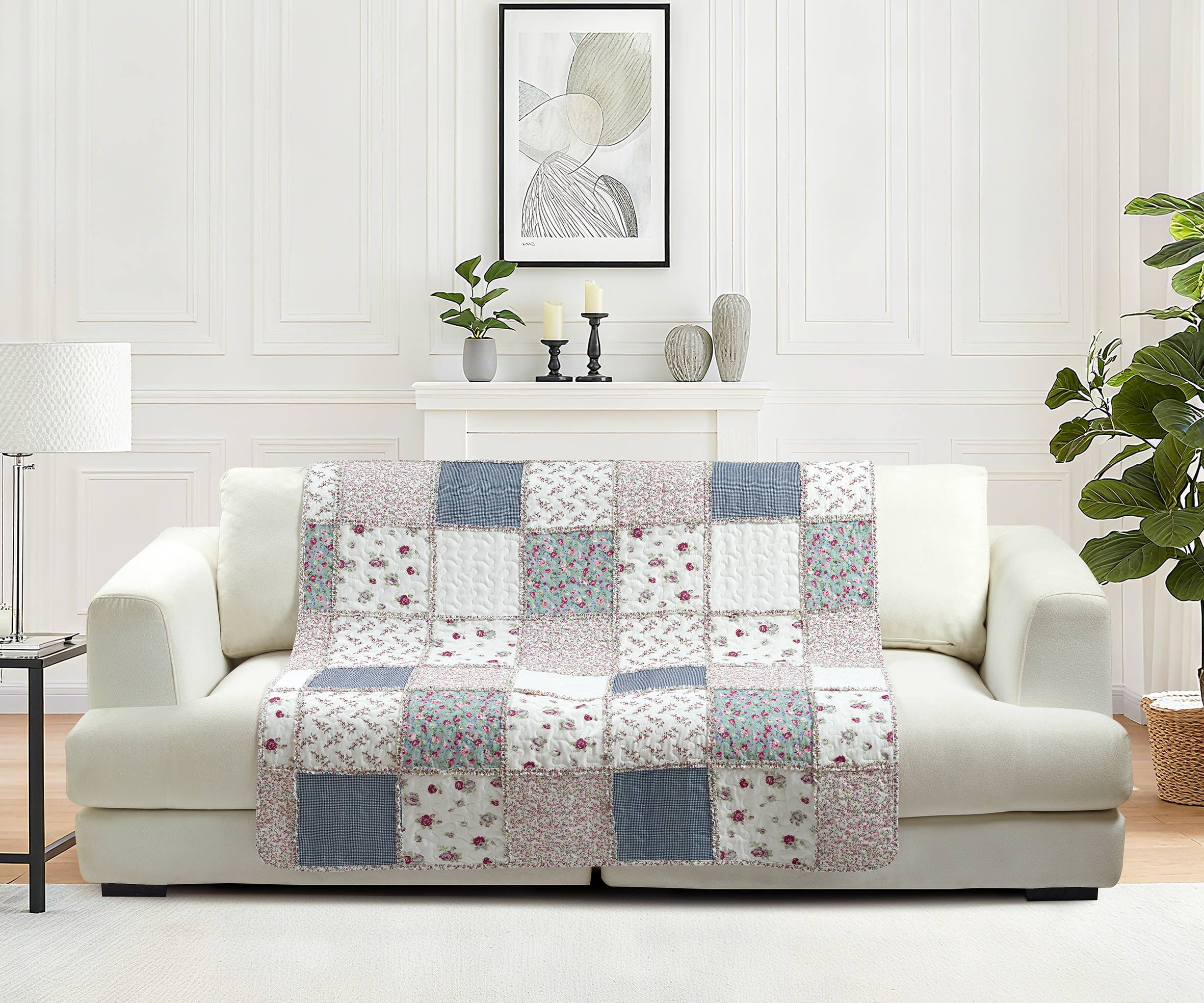 "Blue with Roses Patchwork"  Quilted Throw Blanket 50"x60"